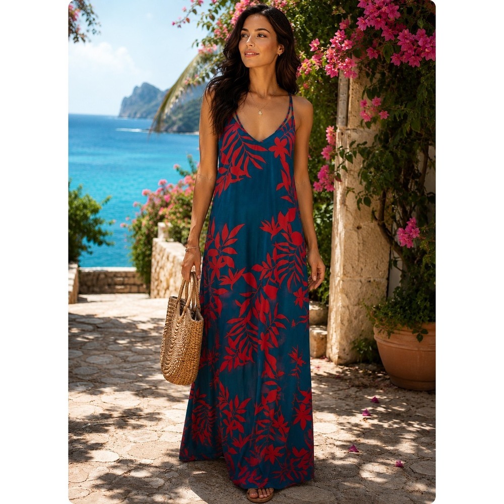 Old Navy Maxi Dress Sz M Blue Coral Palm Print Halter Adjustable Straps Tropical
